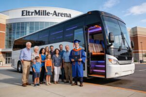 A recent graduate holding their diploma with their family in front of a bus.